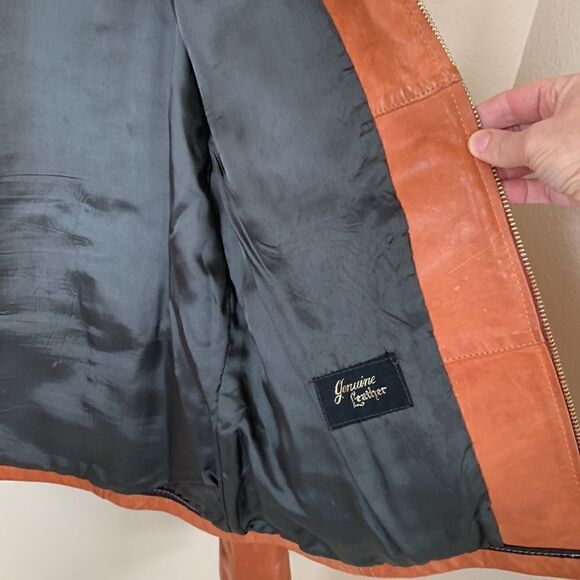 Vintage 1970s Camel Brown Leather Jacket Pointed Collar Men’s size 44 - Picture 9 of 13